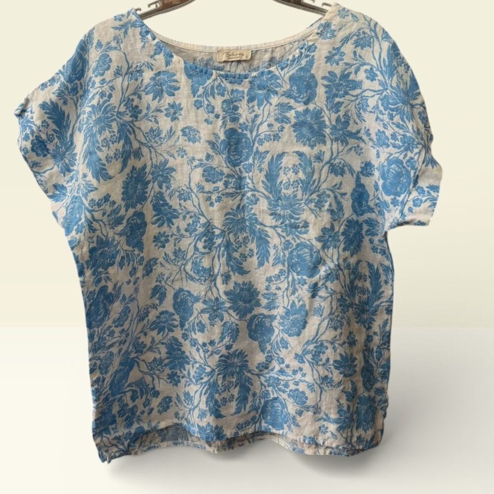 Bellambra Womens 100% Linen Top Toile Floral Made In Italy Blue White Size Small